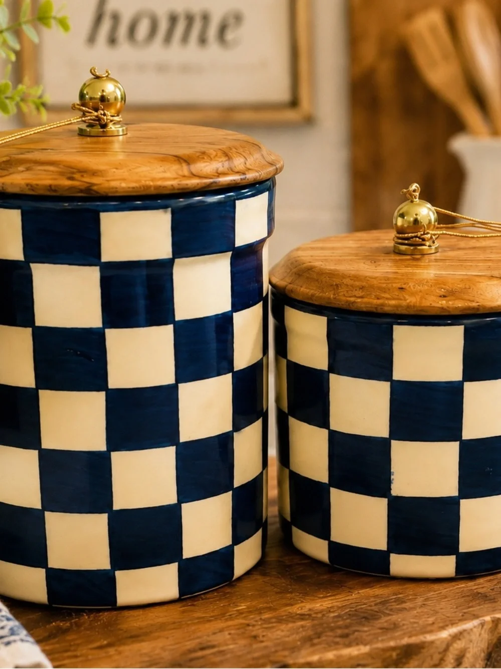Hand-Painted Checkered Ceramic Jar with Wood Lid